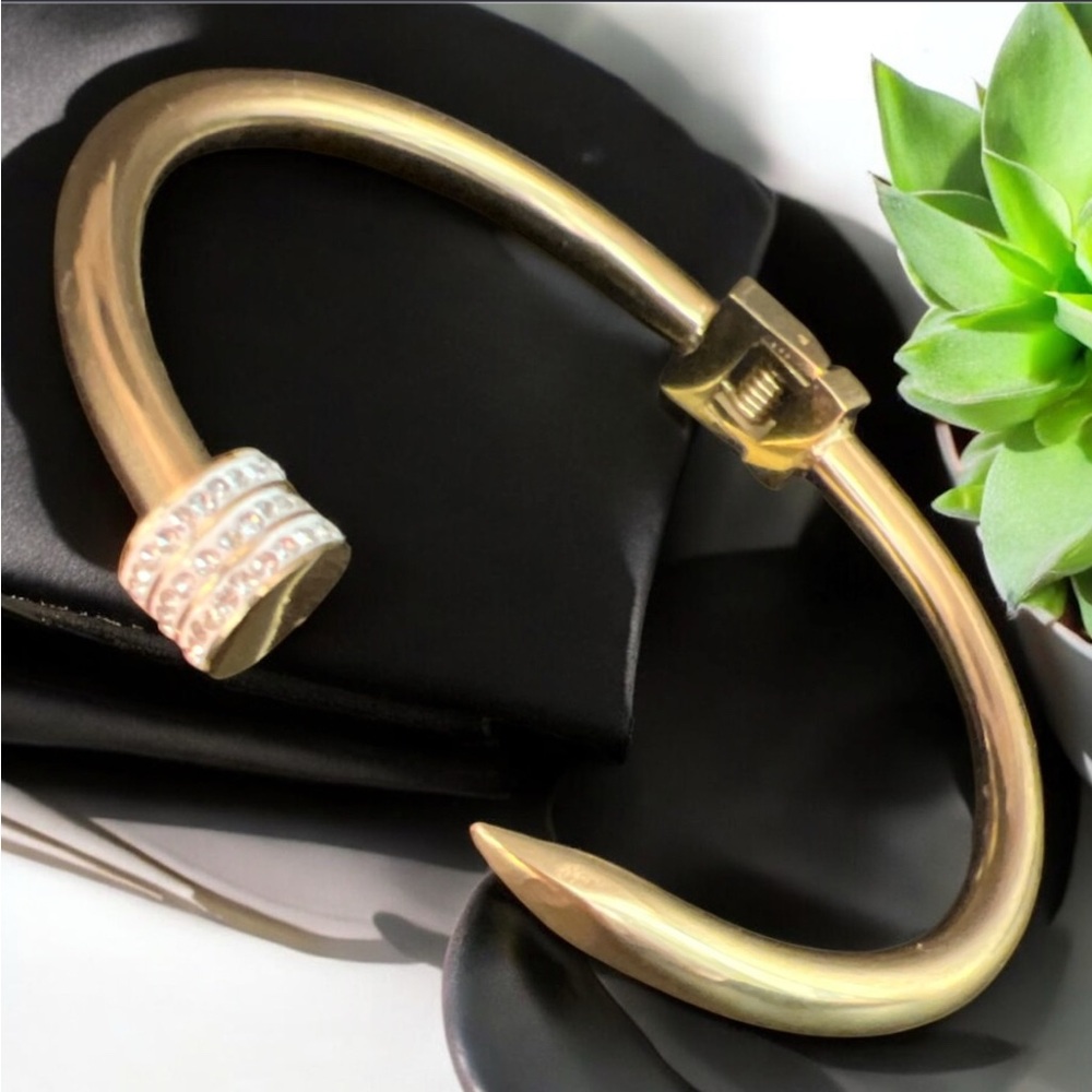 Gold Nail Clamper Bangle Bracelet With Pave Crystal Rhinestones